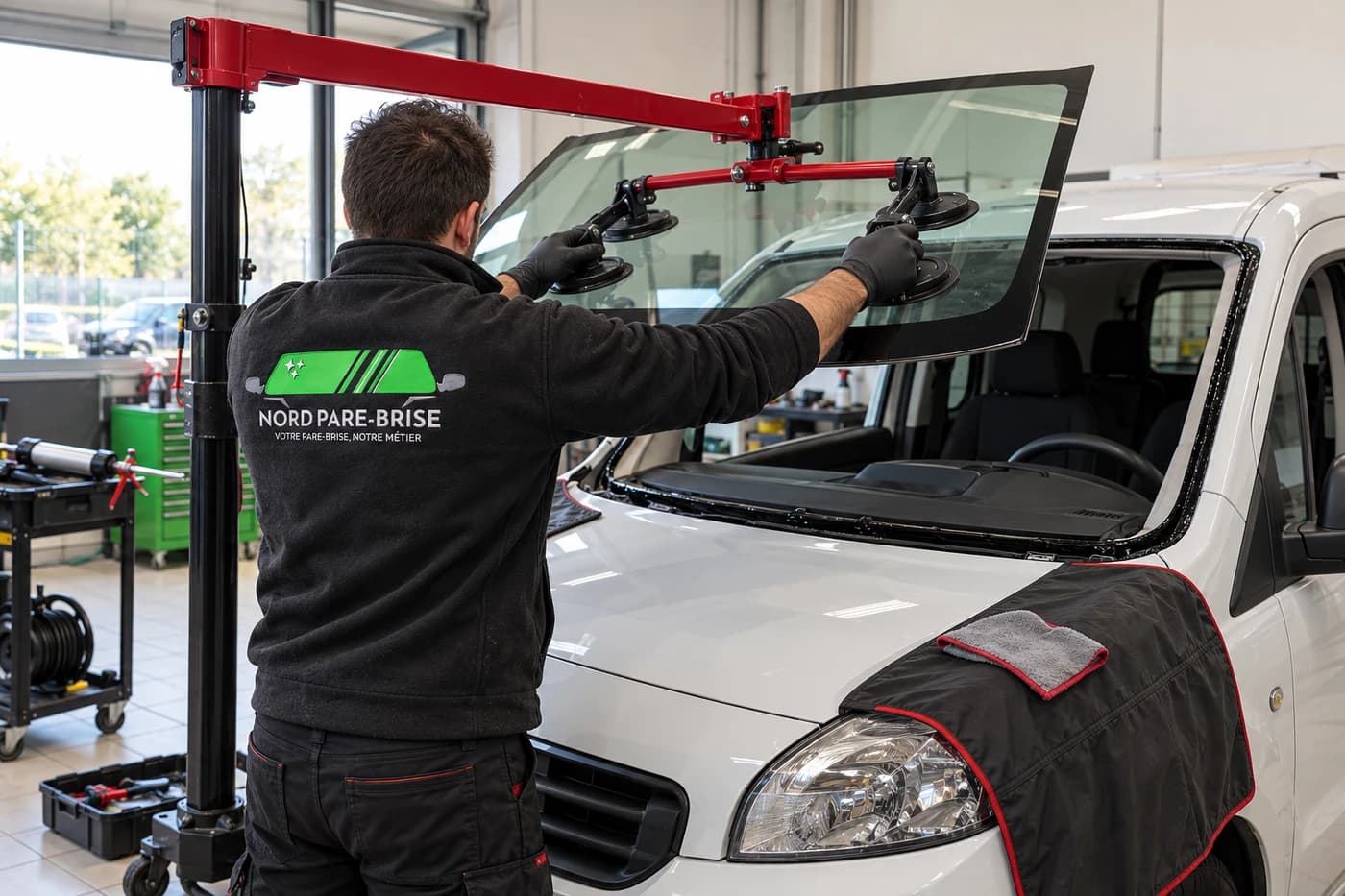 Un technicien Nord Pare-Brise pose un pare-brise neuf à la potence